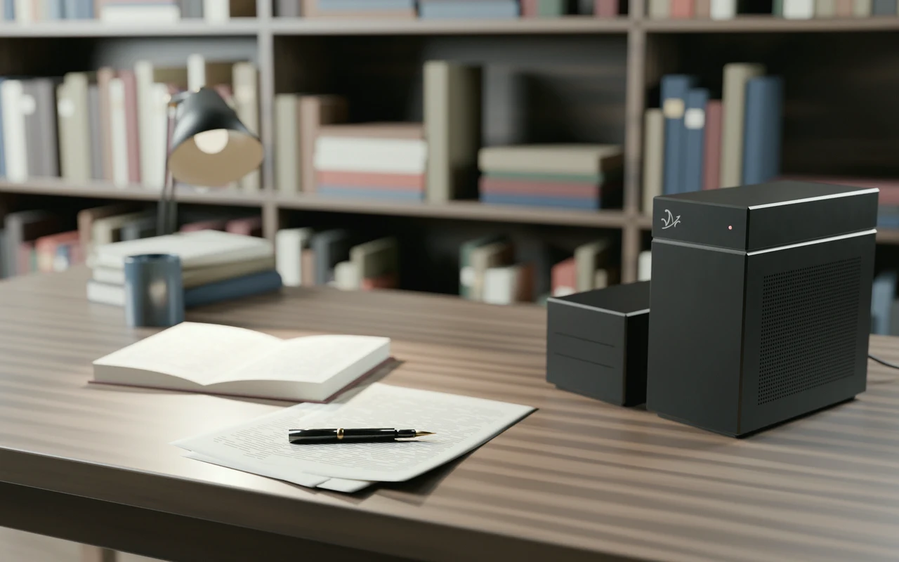 The Gedō workstation on a desk among files and papers